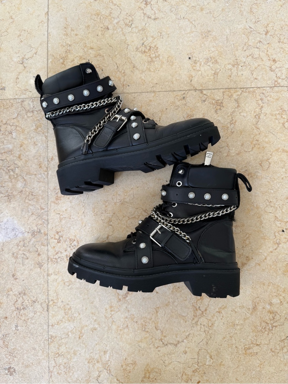Zara Leather Pearl Chain Combat Boots 39 Y2K Moto Biker size 8